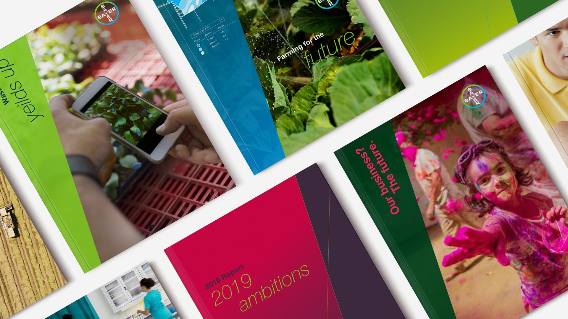 Bayer brochure covers: Farming for the future, 2019 ambitions, Our business? The future.