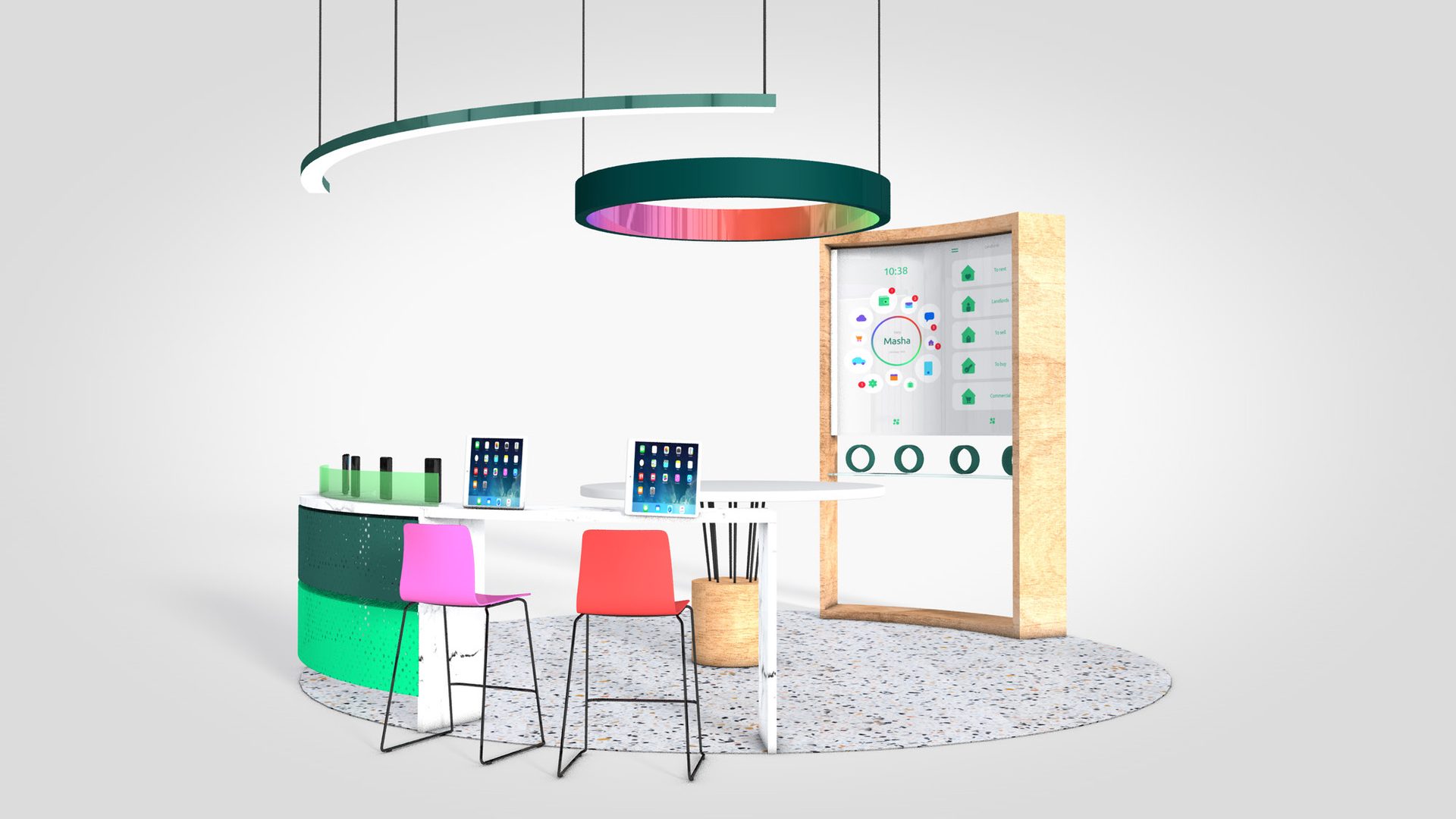 Sber retail space with a ring light, counter and digital screen
