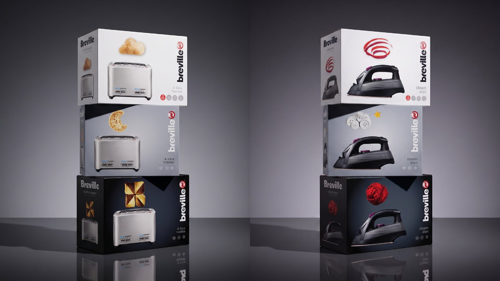 Packaging for a 4 slice toaster and a steam iron, in white, grey and black