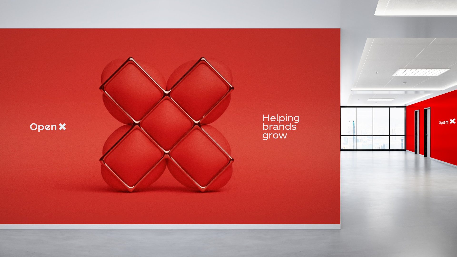Open X wall in an office: a red X of soft cubes, Helping brands grow