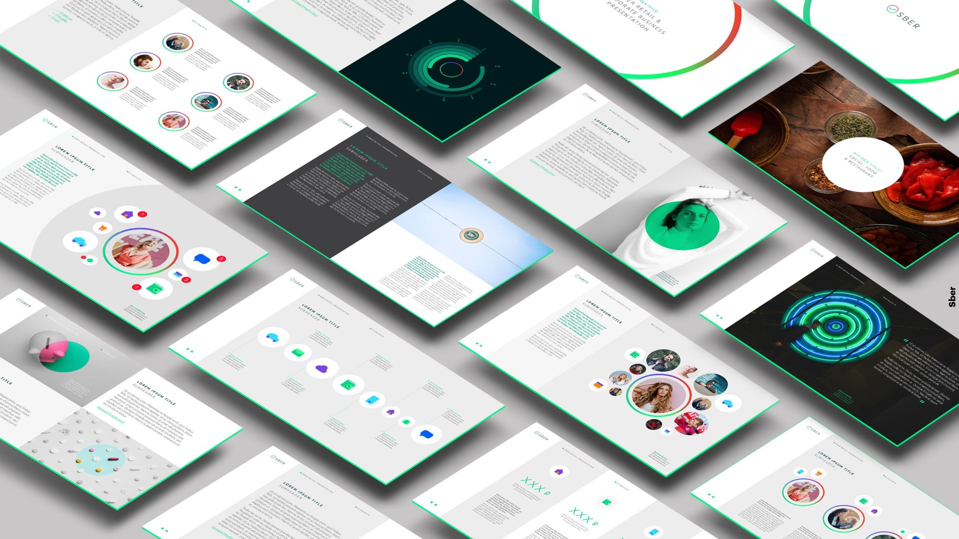 Sber presentation layouts with circular imagery