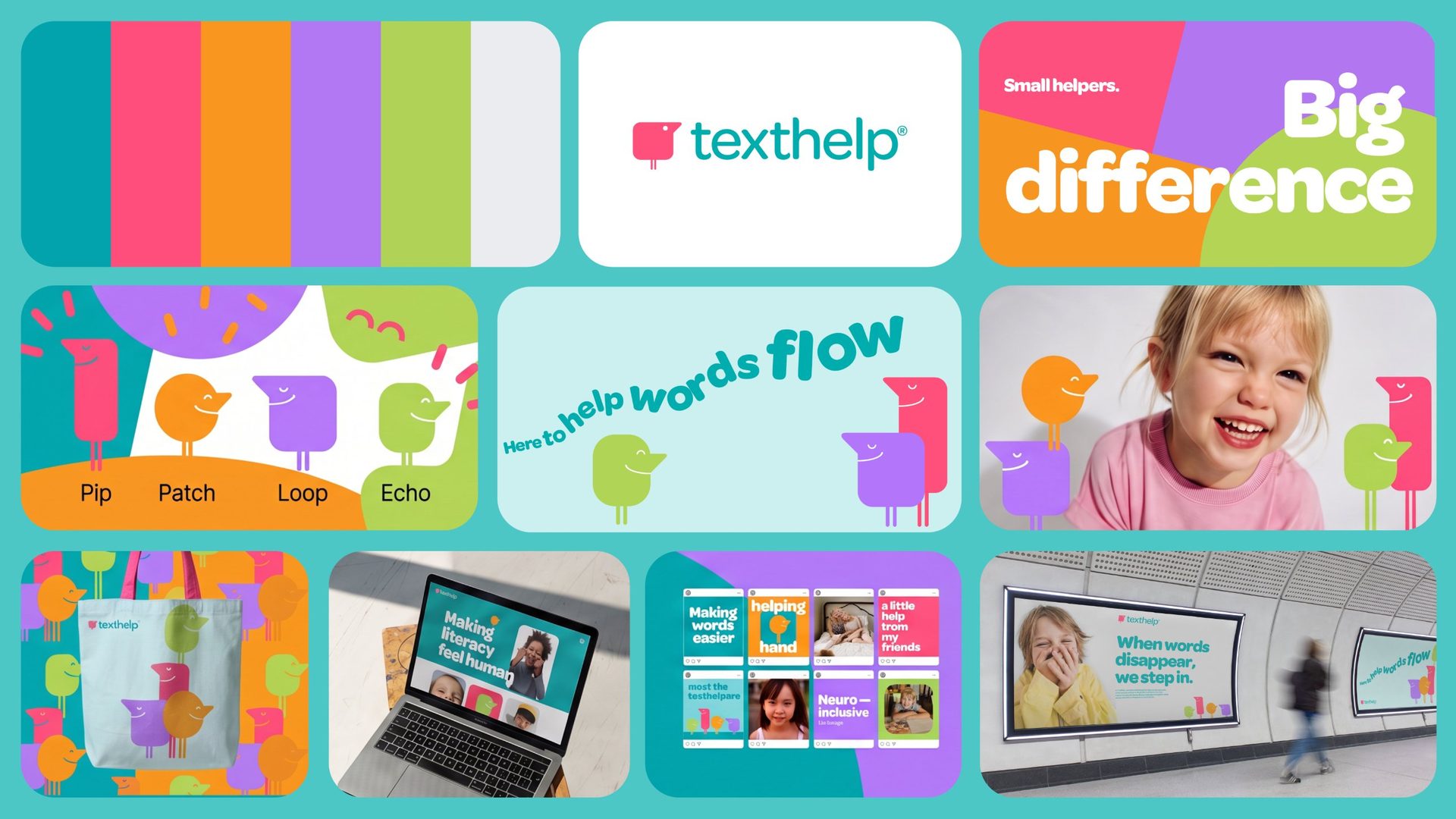 Identity overview: colour palette, logo, characters Pip, Patch, Loop and Echo, and applications
