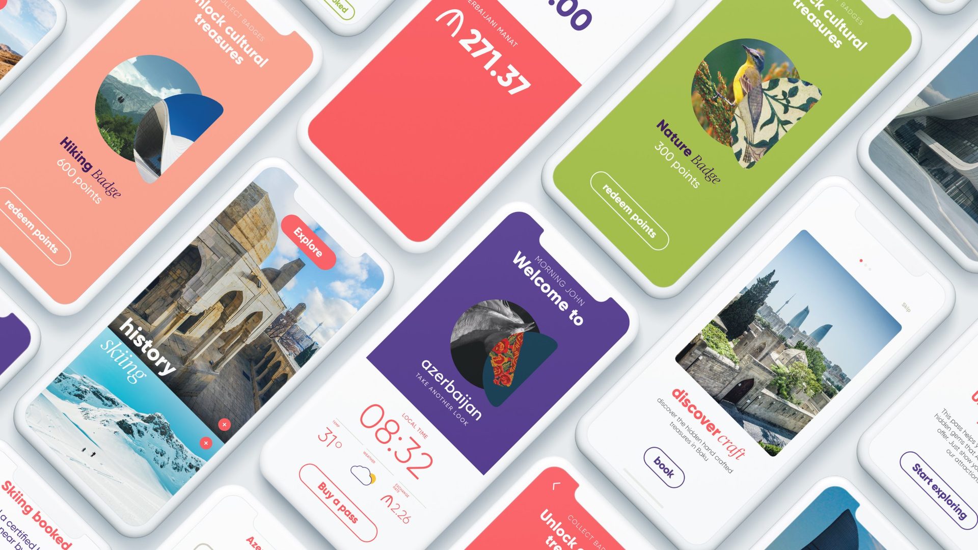 Visitor app screens: welcome, badges, local time, weather and exchange rate