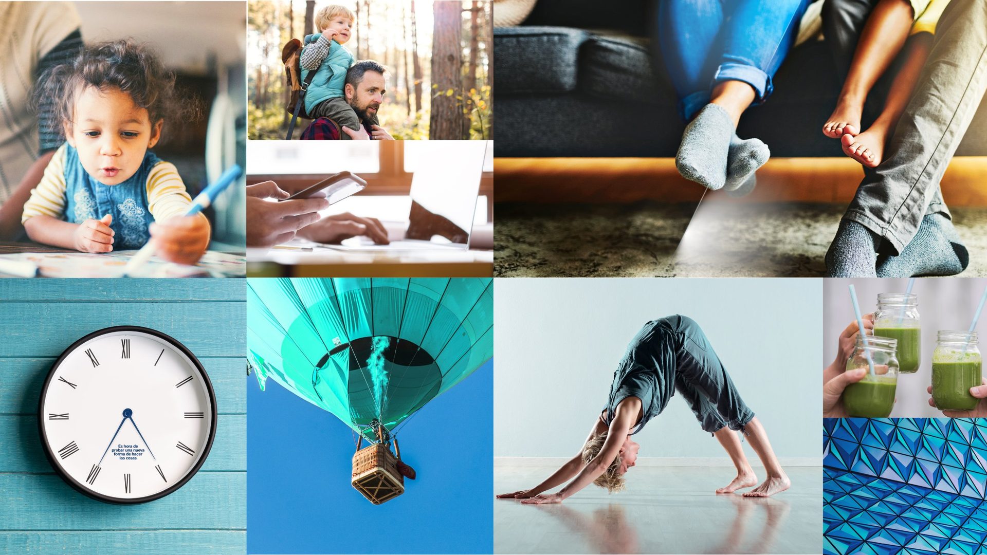 BBVA photography collage: family moments, a hot air balloon and a clock
