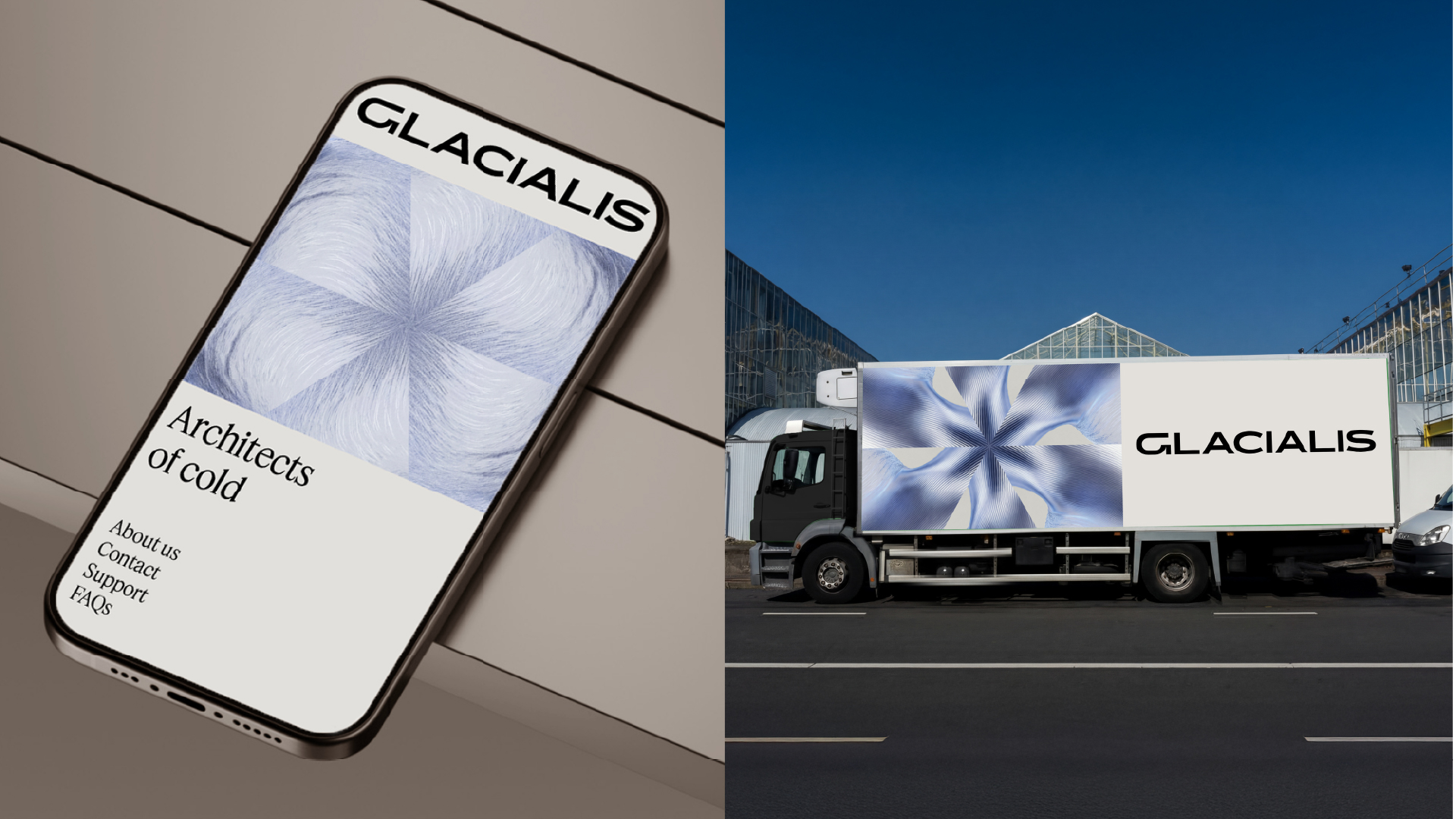 Glacialis website on a phone and the identity on a refrigerated truck