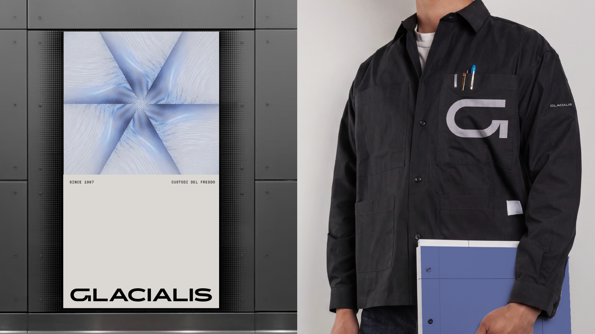 Glacialis poster and a work jacket with the G symbol