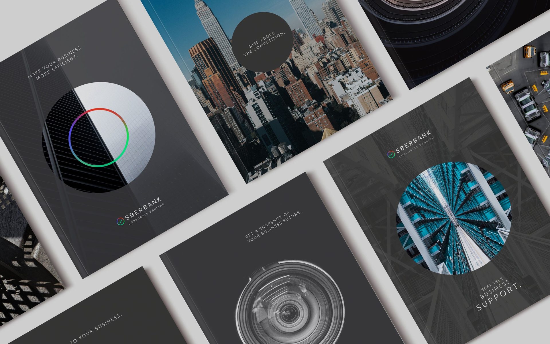 Corporate banking brochures in grey