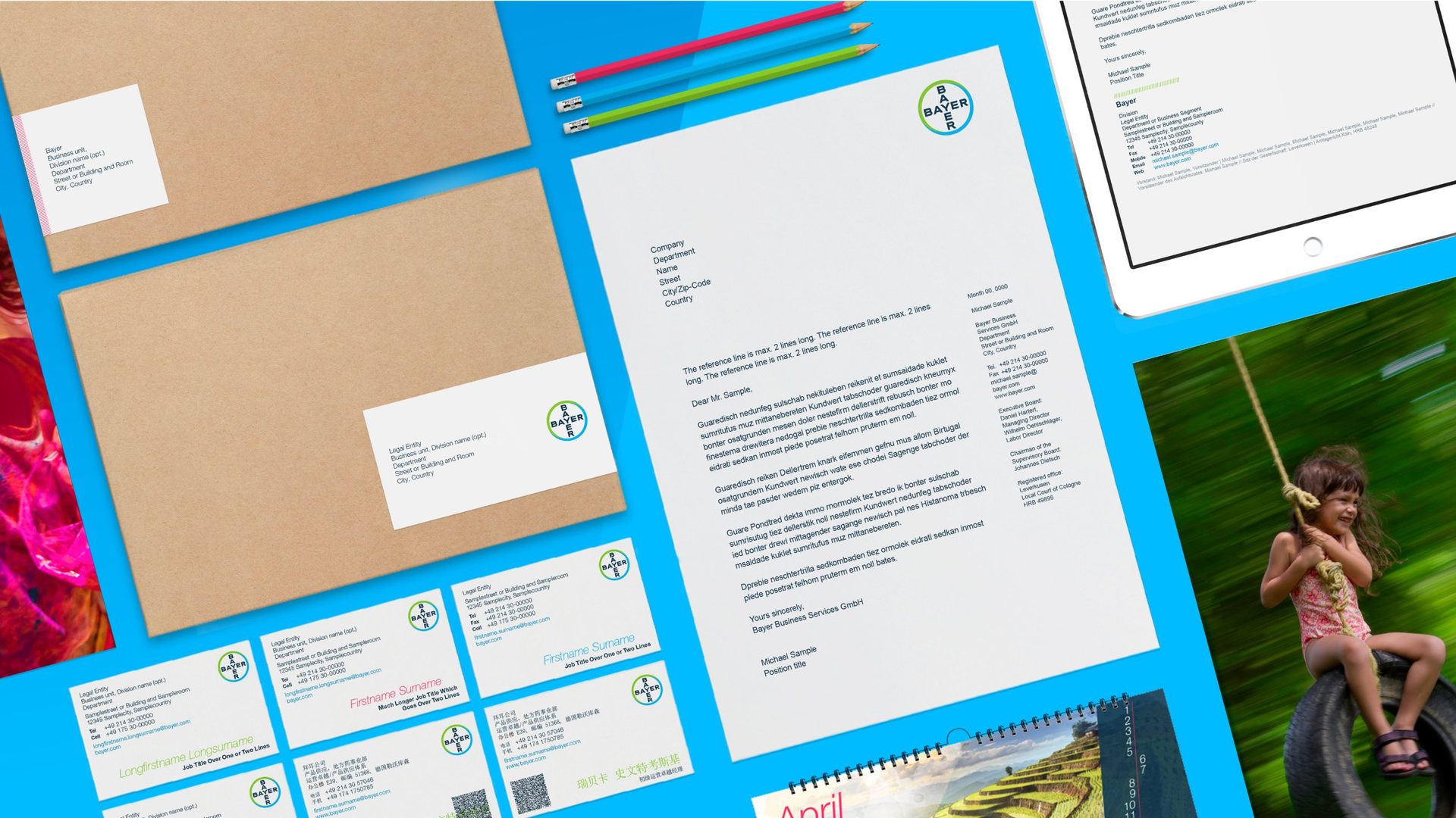 Bayer stationery: envelopes, letterhead, business cards and calendar