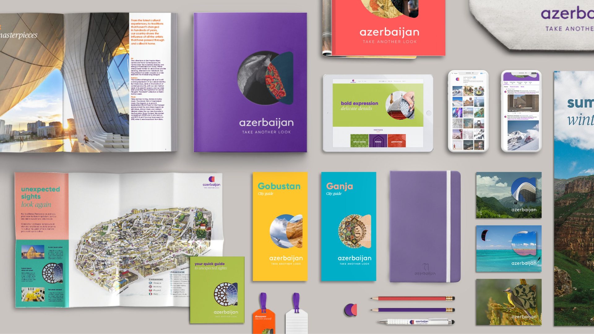 Brand applications: brochure, city guides, map, notebook, postcards, tablet and phones