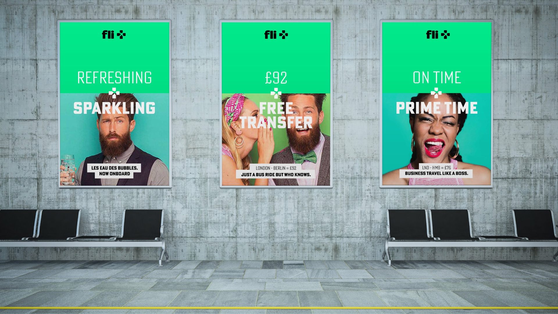 Three posters: refreshing plus sparkling, 92 pounds plus free transfer, on time plus prime time