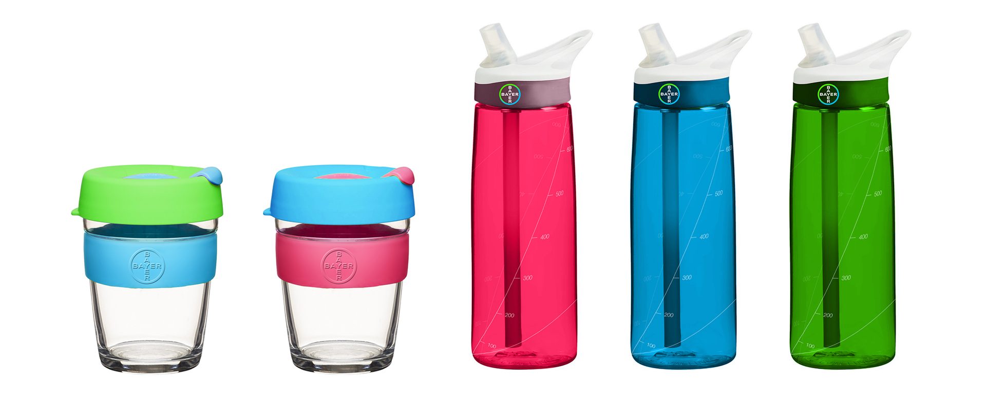 Bayer branded reusable cups and water bottles in green, blue and pink