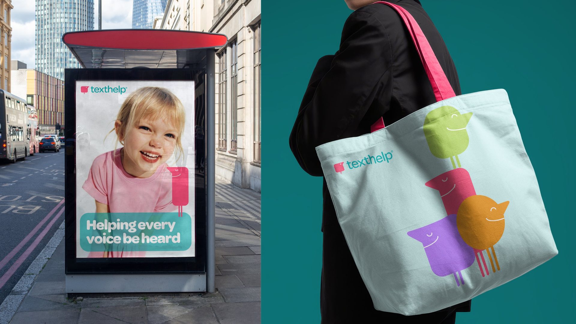 Bus shelter poster: Helping every voice be heard, and a tote bag with the Texthelpers