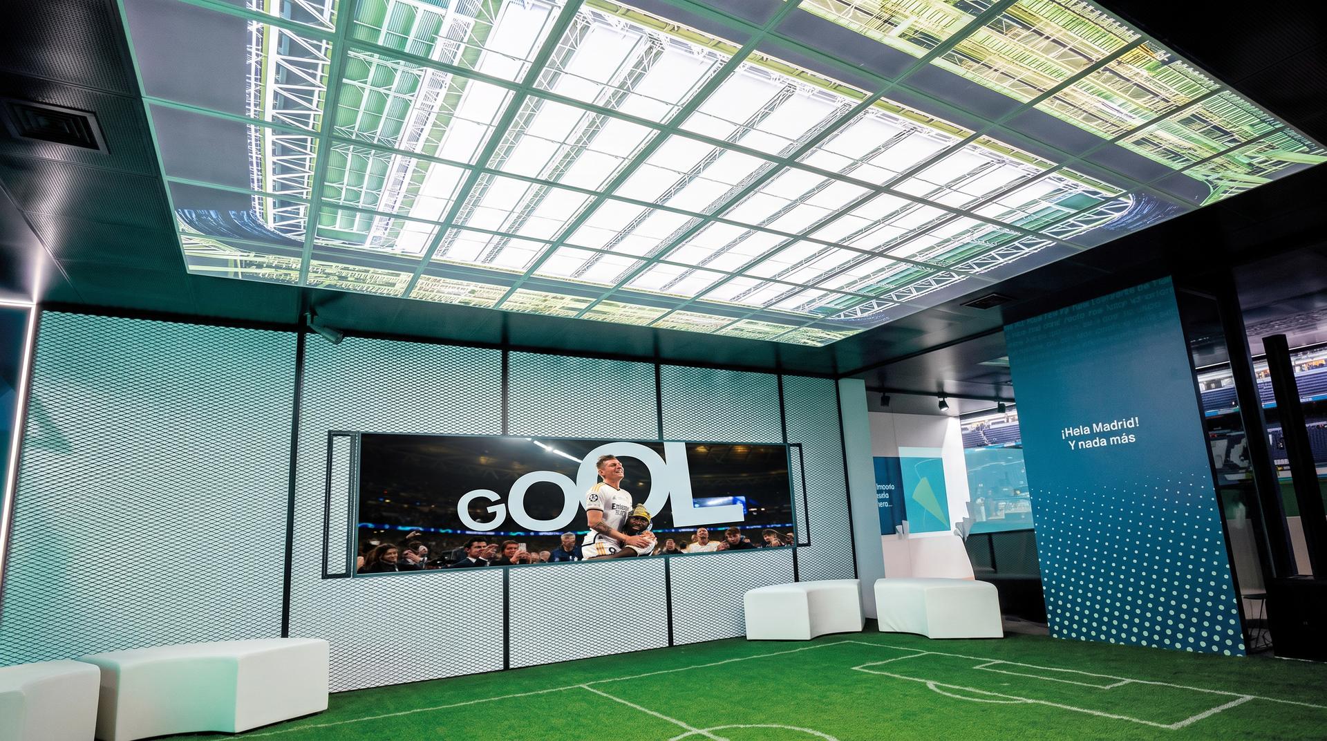 Inside Espacio Real Madrid: a stadium ceiling and a Gool screen