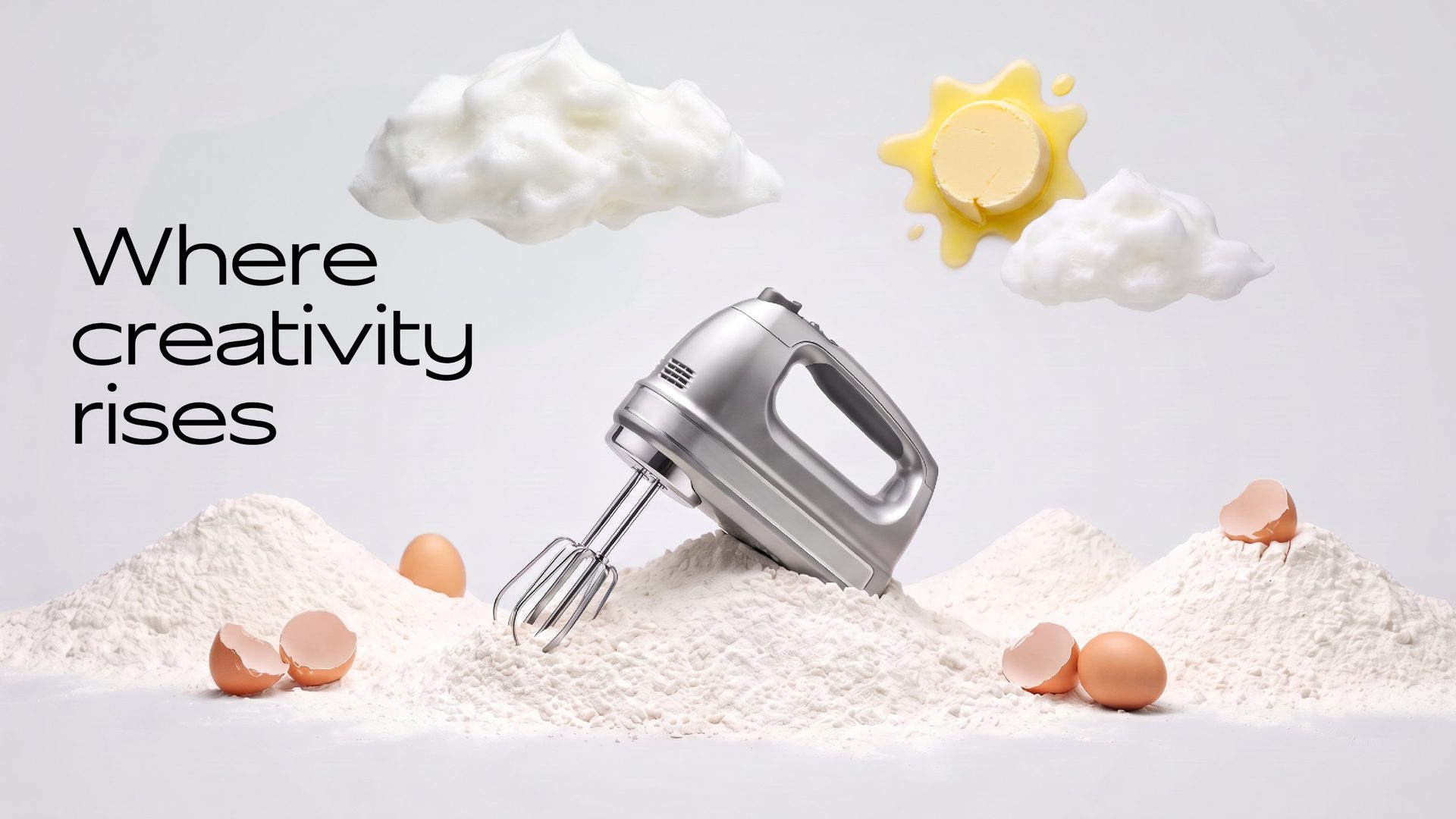 Where creativity rises: a hand mixer in hills of flour under clouds of egg white