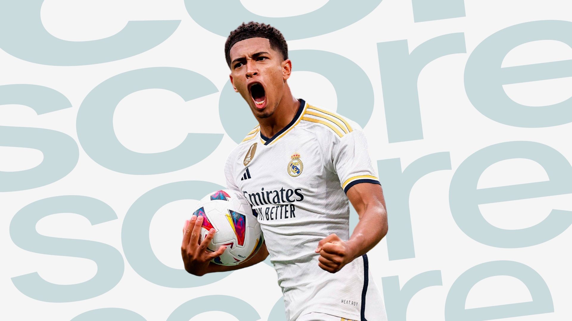 Real Madrid player shouting in front of the word Score