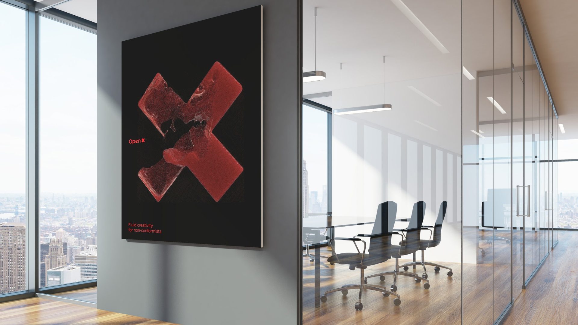 Open X poster in a meeting room: Fluid creativity for non-conformists