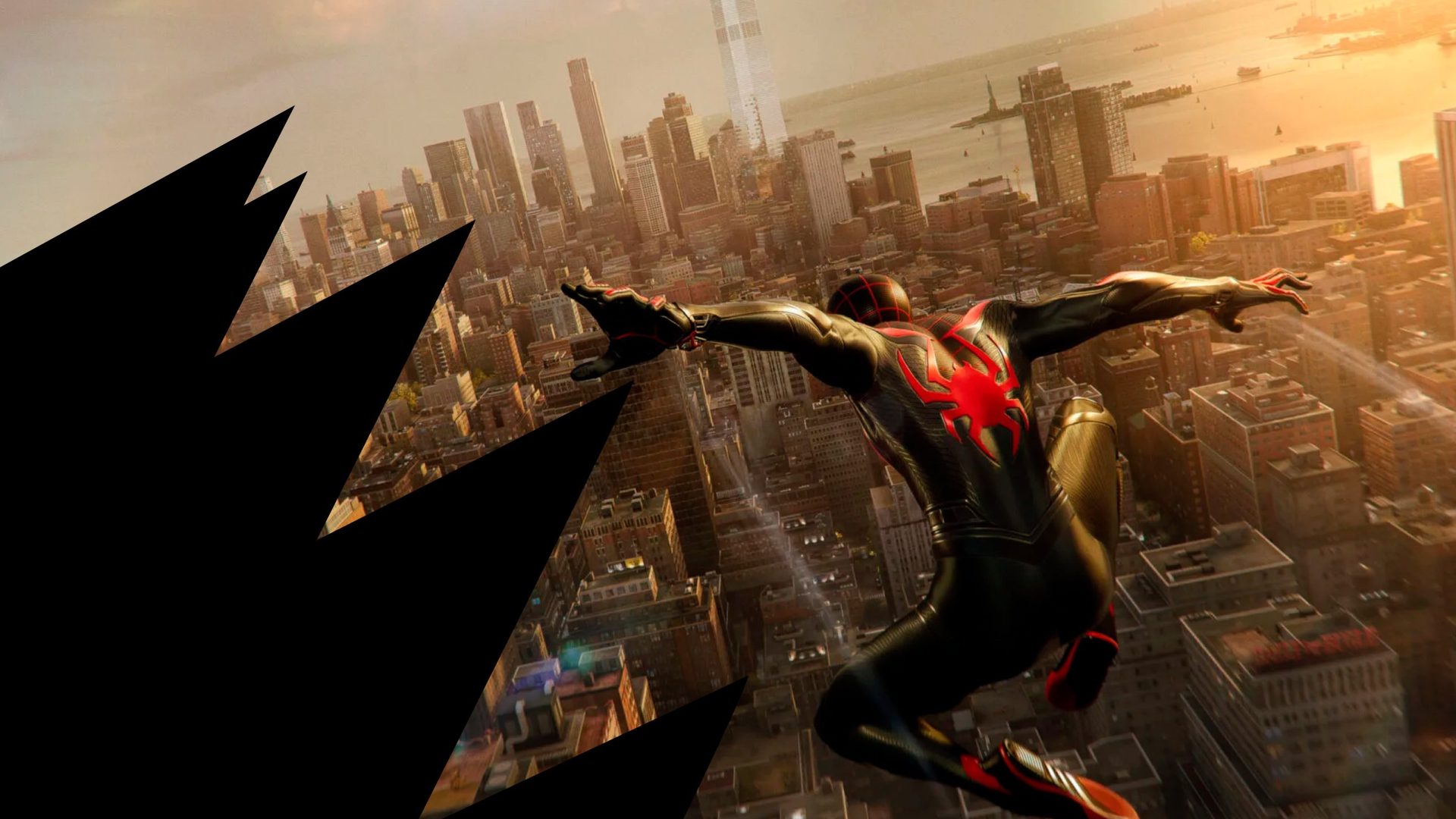 Spider-Man over New York framed by the Unicaja fan edge