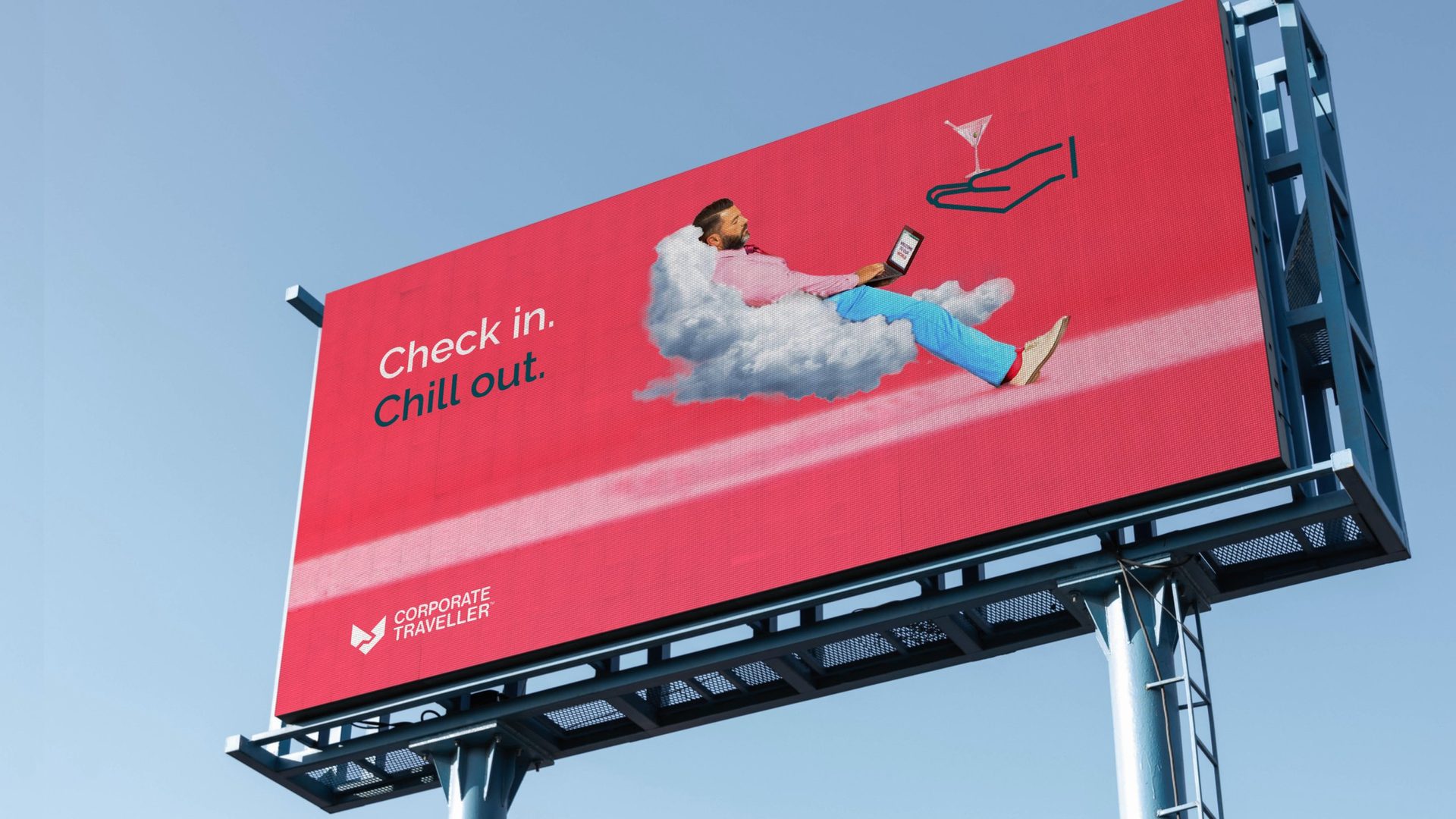 Billboard: Check in. Chill out. A man relaxing on a cloud