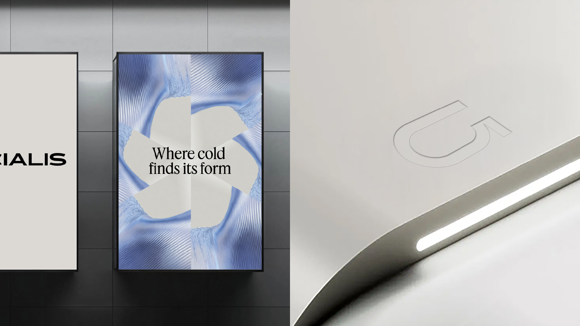 Glacialis poster: Where cold finds its form, and the symbol embossed on a unit
