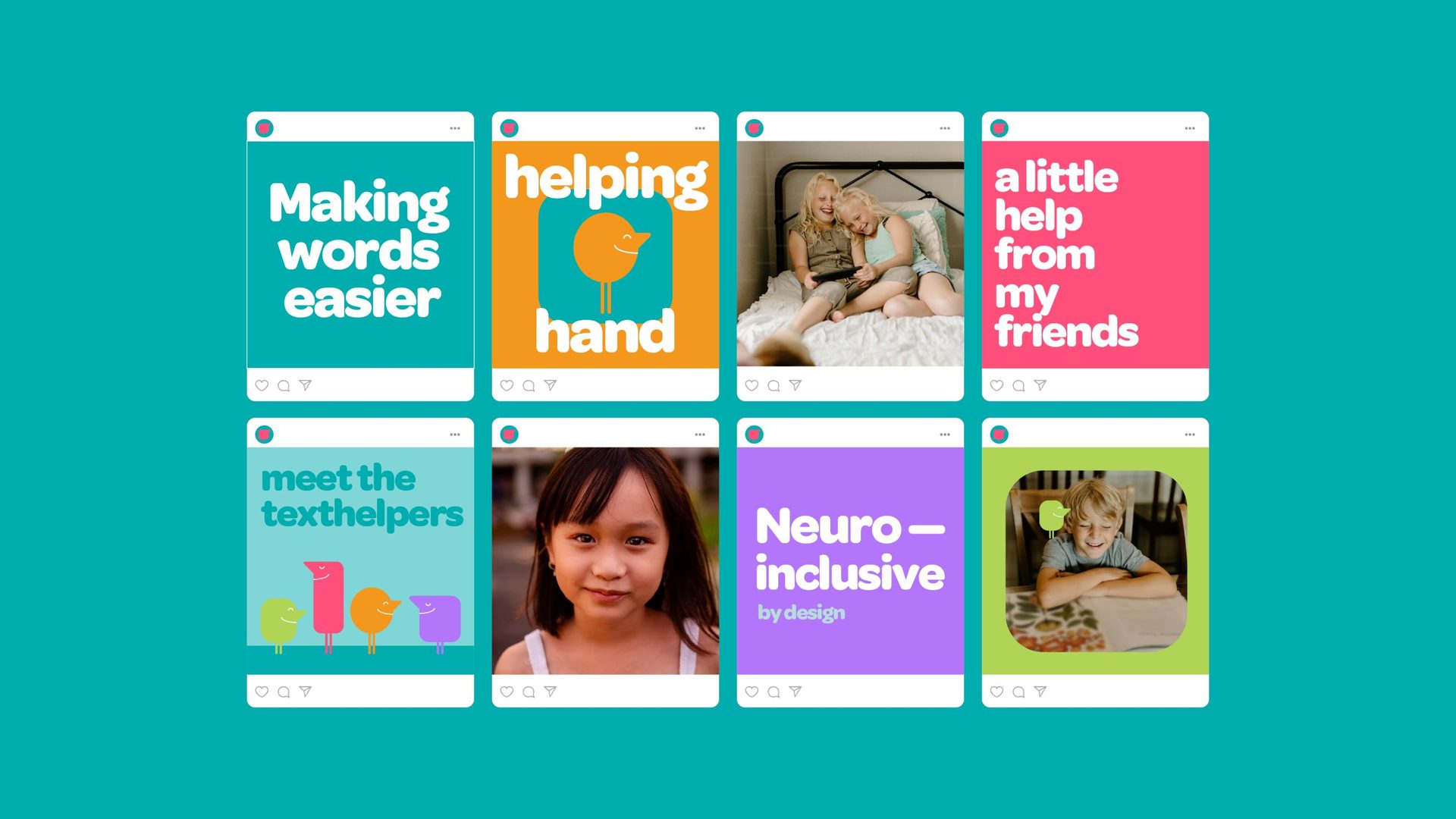 Grid of social posts: Making words easier, helping hand, meet the texthelpers