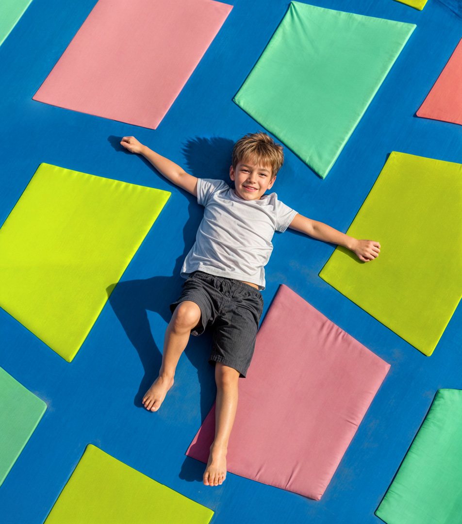 Child lying on coloured play mats