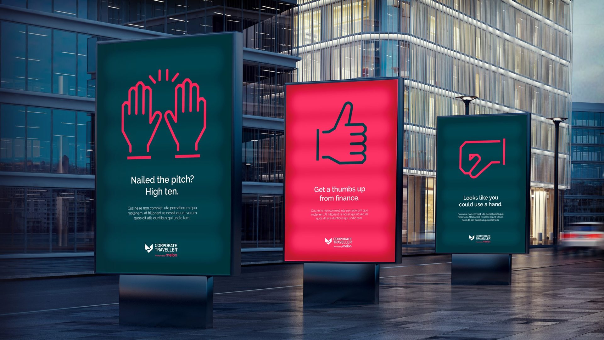 Three street posters with hand gestures: High ten, thumbs up, could use a hand