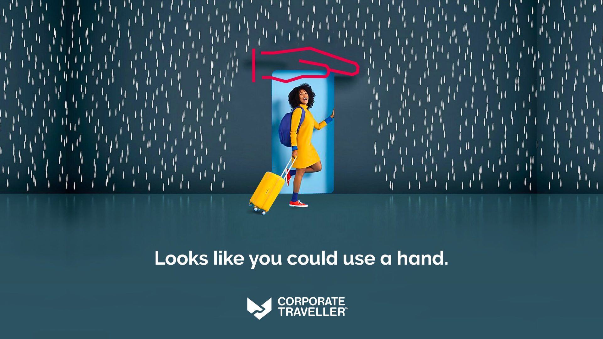 Traveller stepping out of the rain under a sheltering hand: Looks like you could use a hand
