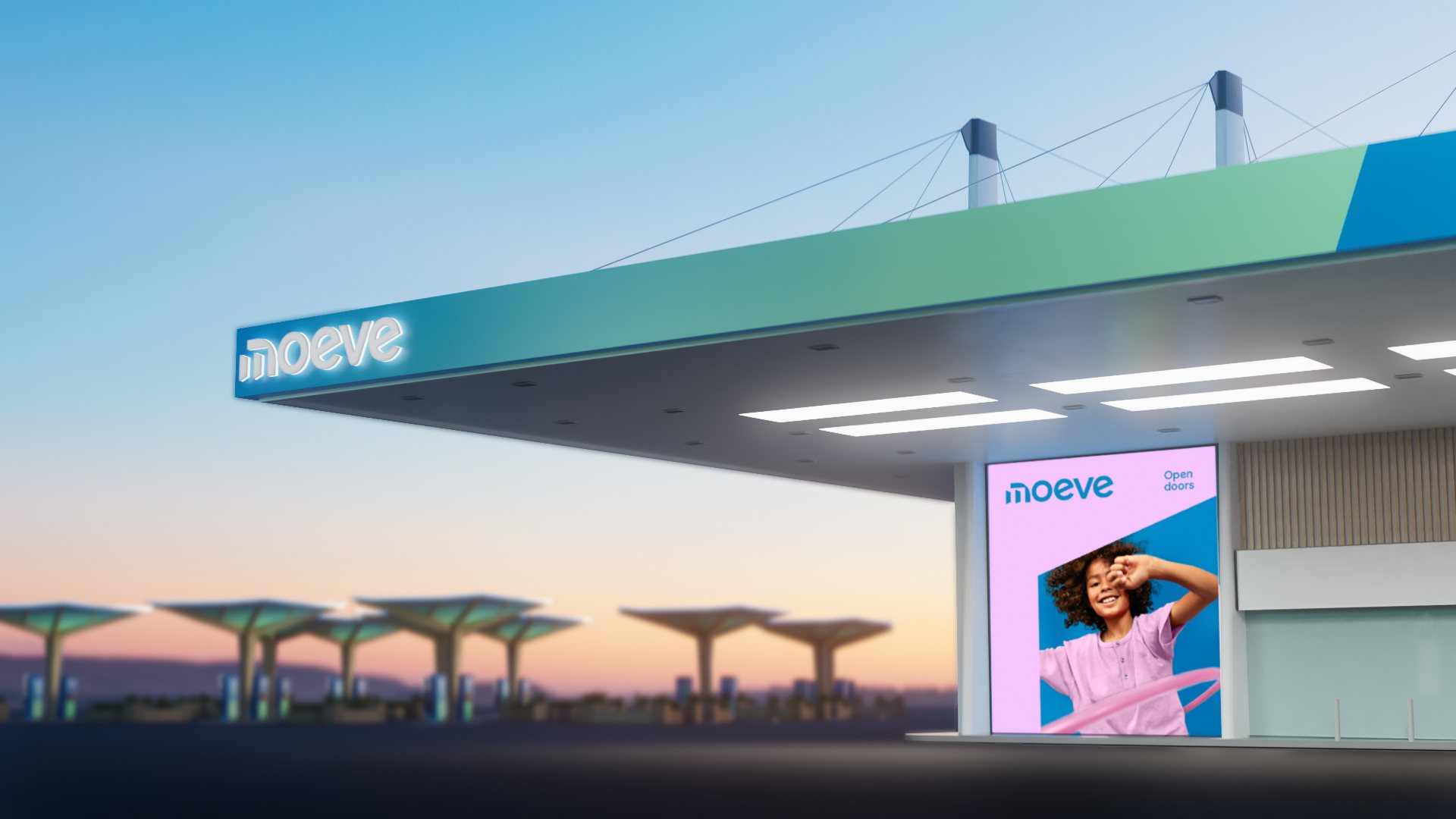 Moeve service station canopy at dusk