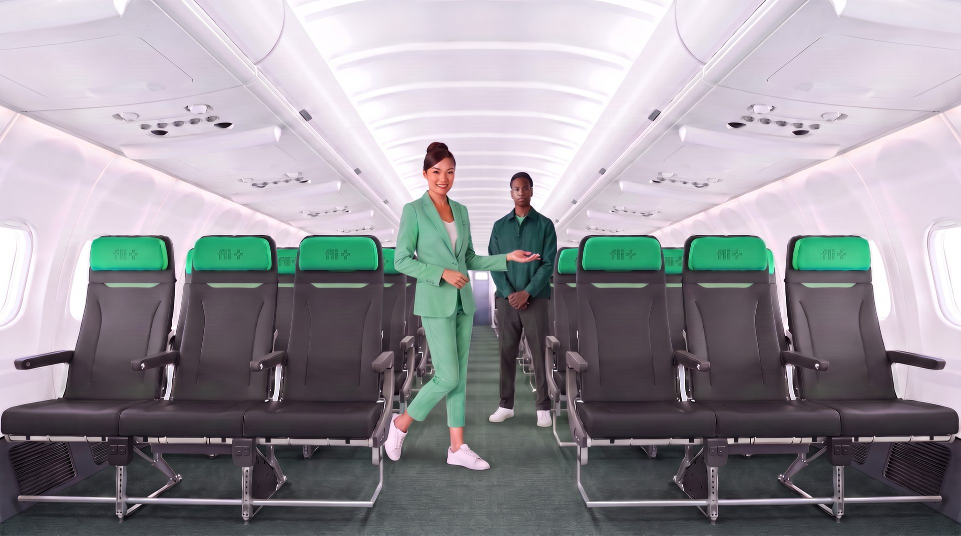 Fli+ cabin: crew in green between rows of black seats with Fli+ branded green headrests