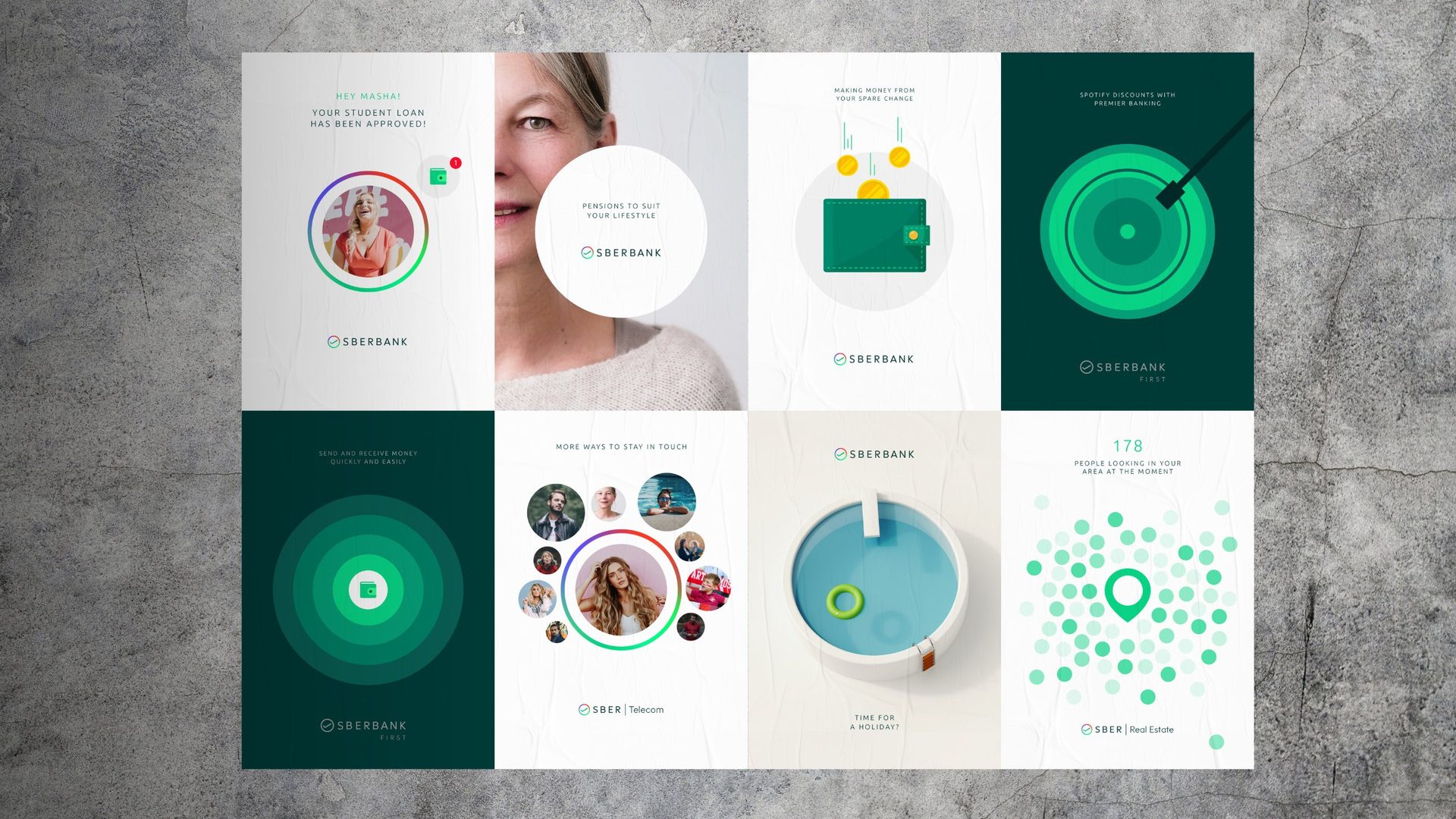 Eight Sberbank posters with circular visuals