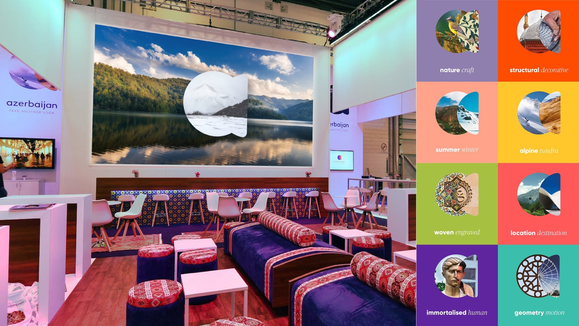 Azerbaijan trade show stand, with reveal lens pairs: nature craft, summer winter, woven engraved and more