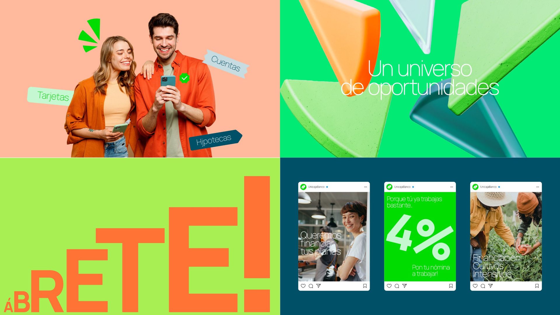 Unicaja campaign grid: cards, accounts and mortgages, Un universo de oportunidades, ¡Ábrete! and social posts
