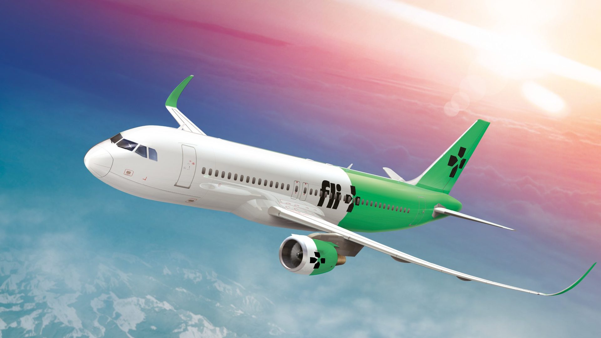 Fli+ plane in white and green livery above the clouds