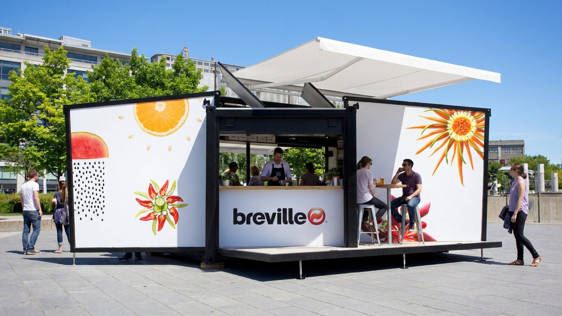 Breville pop-up kiosk with fruit and vegetable illustrations