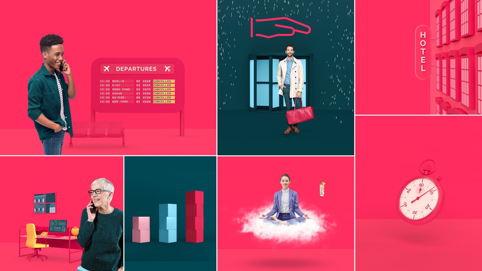 Photography style: travellers and objects in pink and teal sets