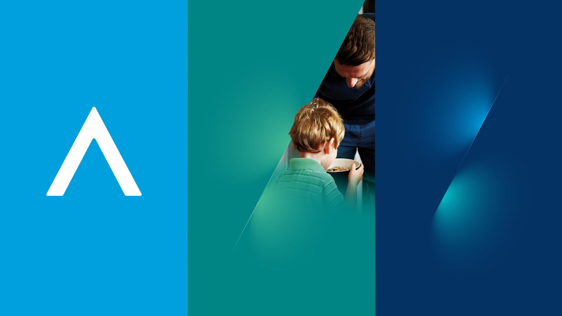 The ascender, teal photography and a blue light beam on three panels