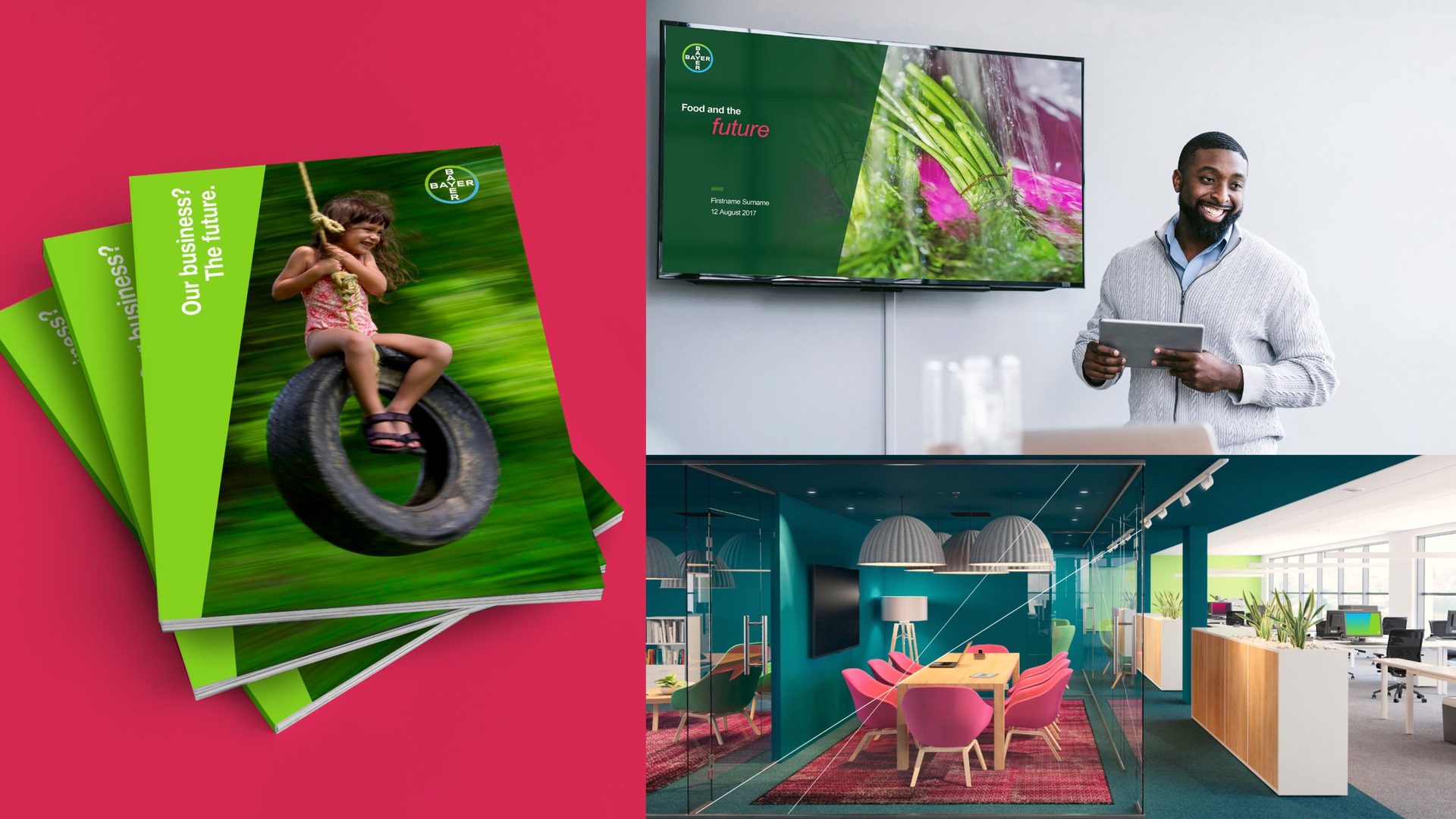 Internal comms: brochures, a presentation screen and a Bayer office interior