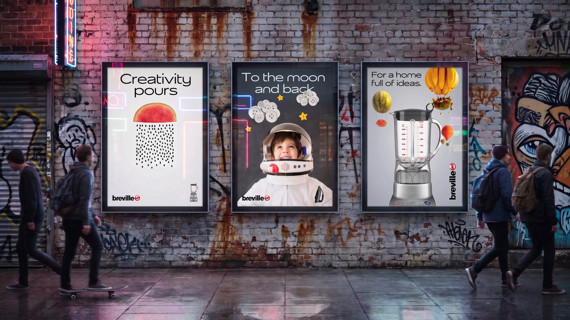 Three street posters: Creativity pours, To the moon and back, For a home full of ideas