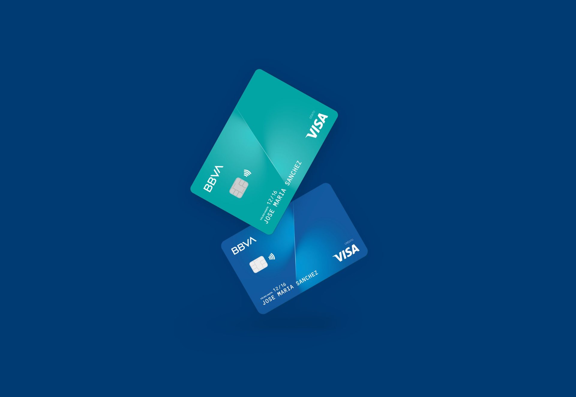 BBVA debit and credit cards in teal and blue