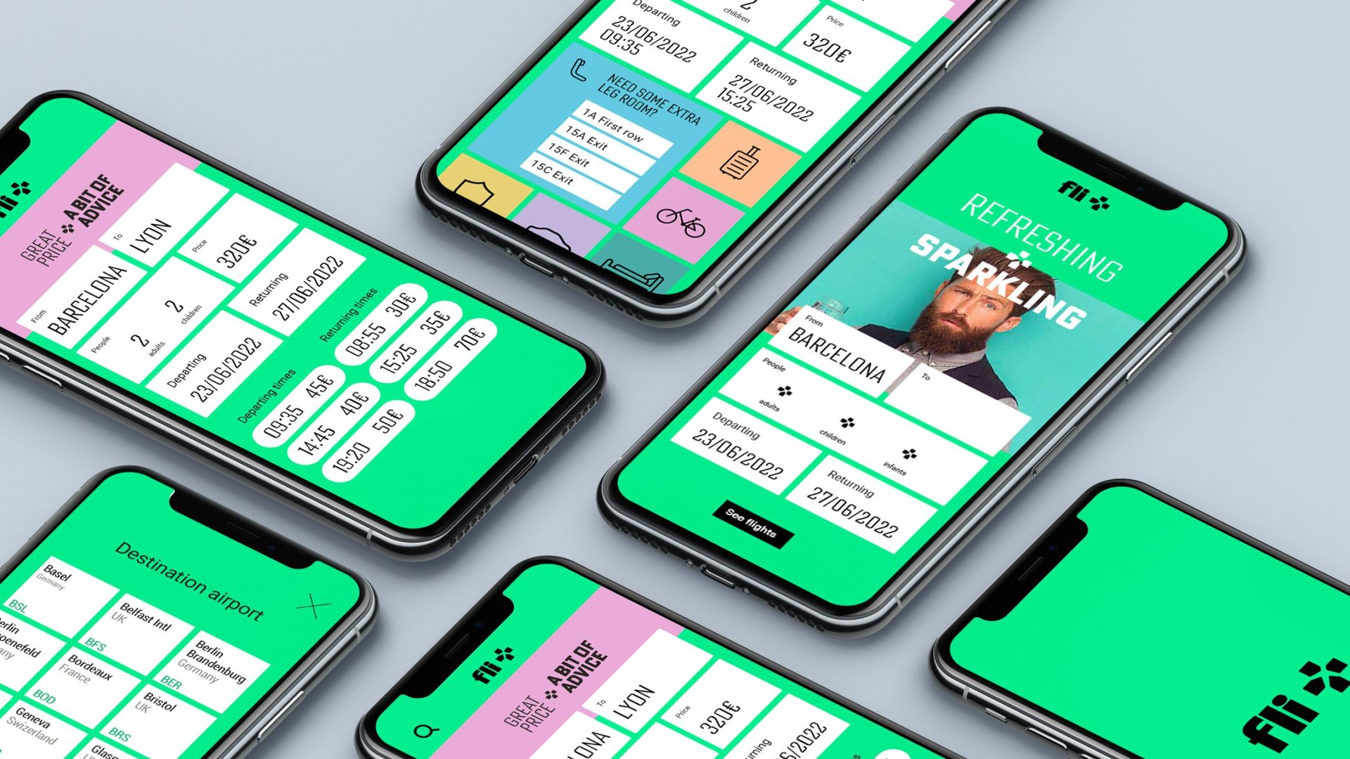 Fli+ booking app screens in green, pink and blue